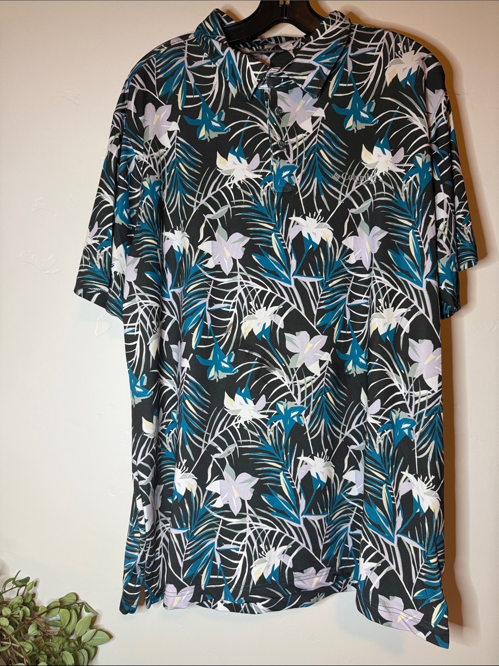 Columbia Men’s Large Tropical Floral Shirt Black Palm Print Polo PFGv